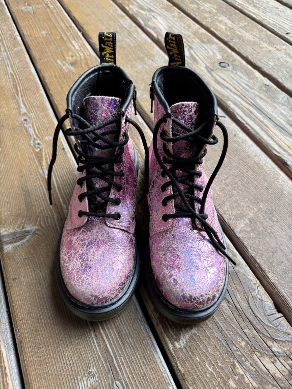 Dr. Martens Pink Crinkle Metallic Lace Up/Side Zip Boots in Ladies 5